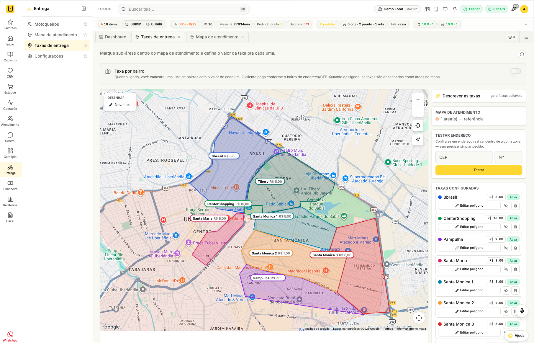 Mapa de zonas de entrega da udiFoods com a taxa configurada para cada região