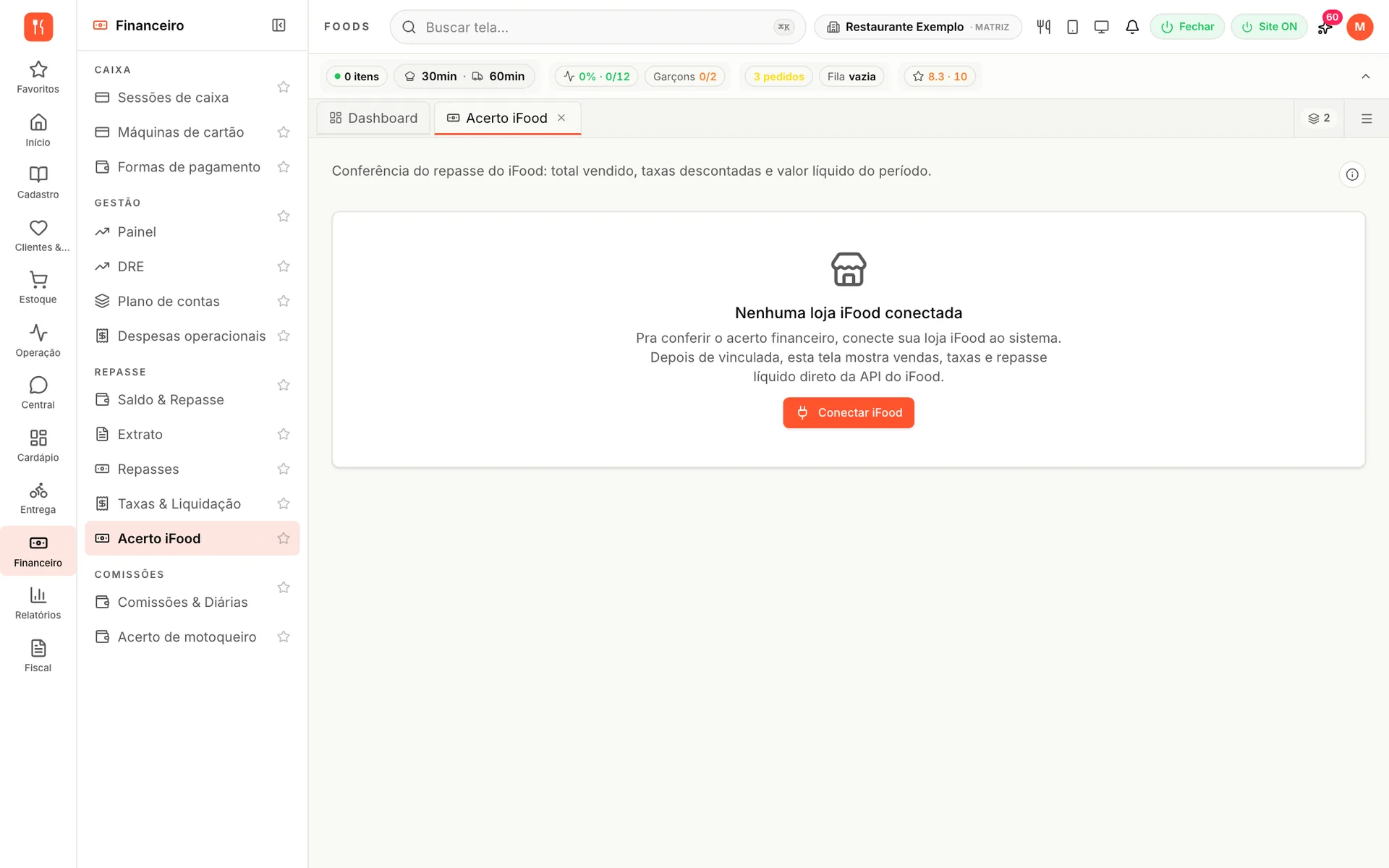 Acerto iFood do udiFoods explicando que, com a loja conectada, a tela mostra vendas, taxas e repasse líquido direto da API do iFood