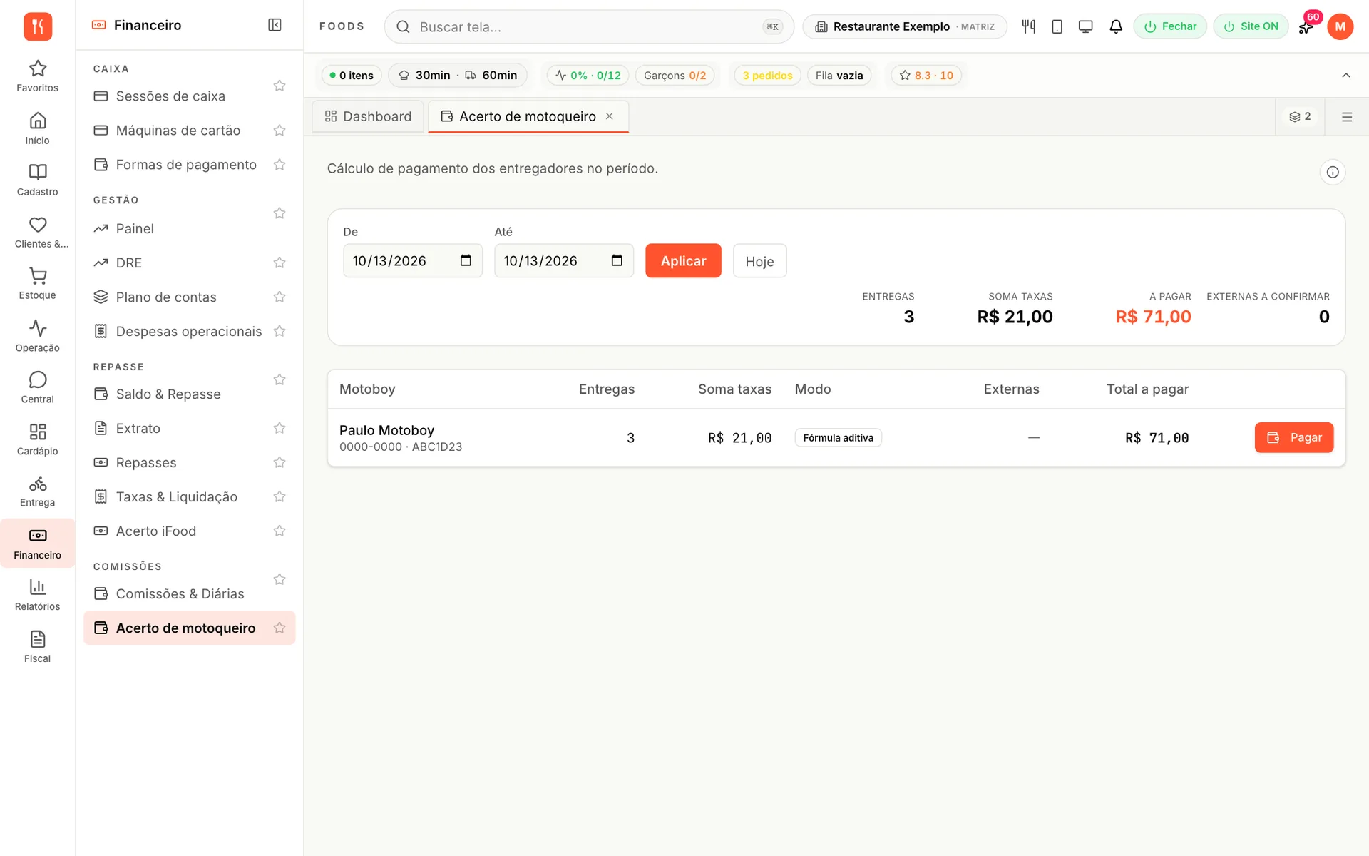 Acerto de motoqueiro do udiFoods com entregas, soma das taxas e total a pagar a cada motoboy no período, com o botão de pagar