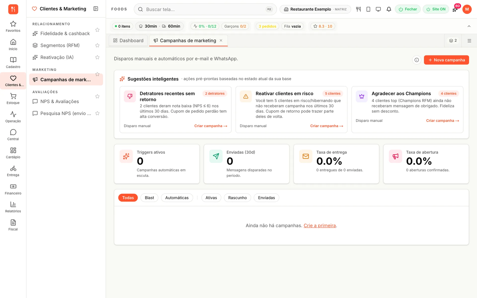 Campanhas de marketing do udiFoods com sugestões inteligentes prontas: recuperar detratores, reativar clientes em risco e agradecer aos campeões