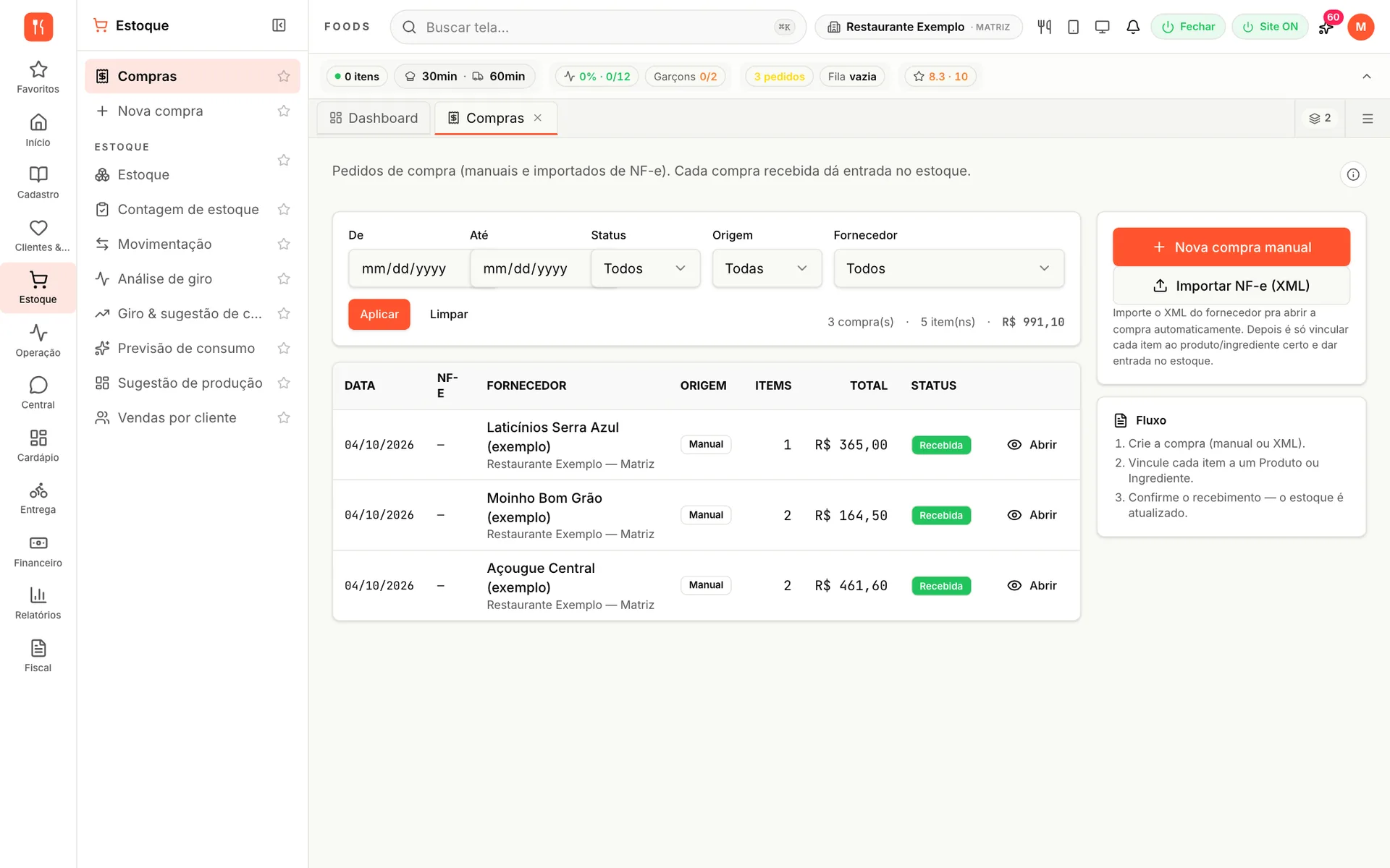 Compras do udiFoods com três compras recebidas de fornecedores, itens, total e status, e a opção de importar NF-e (XML)