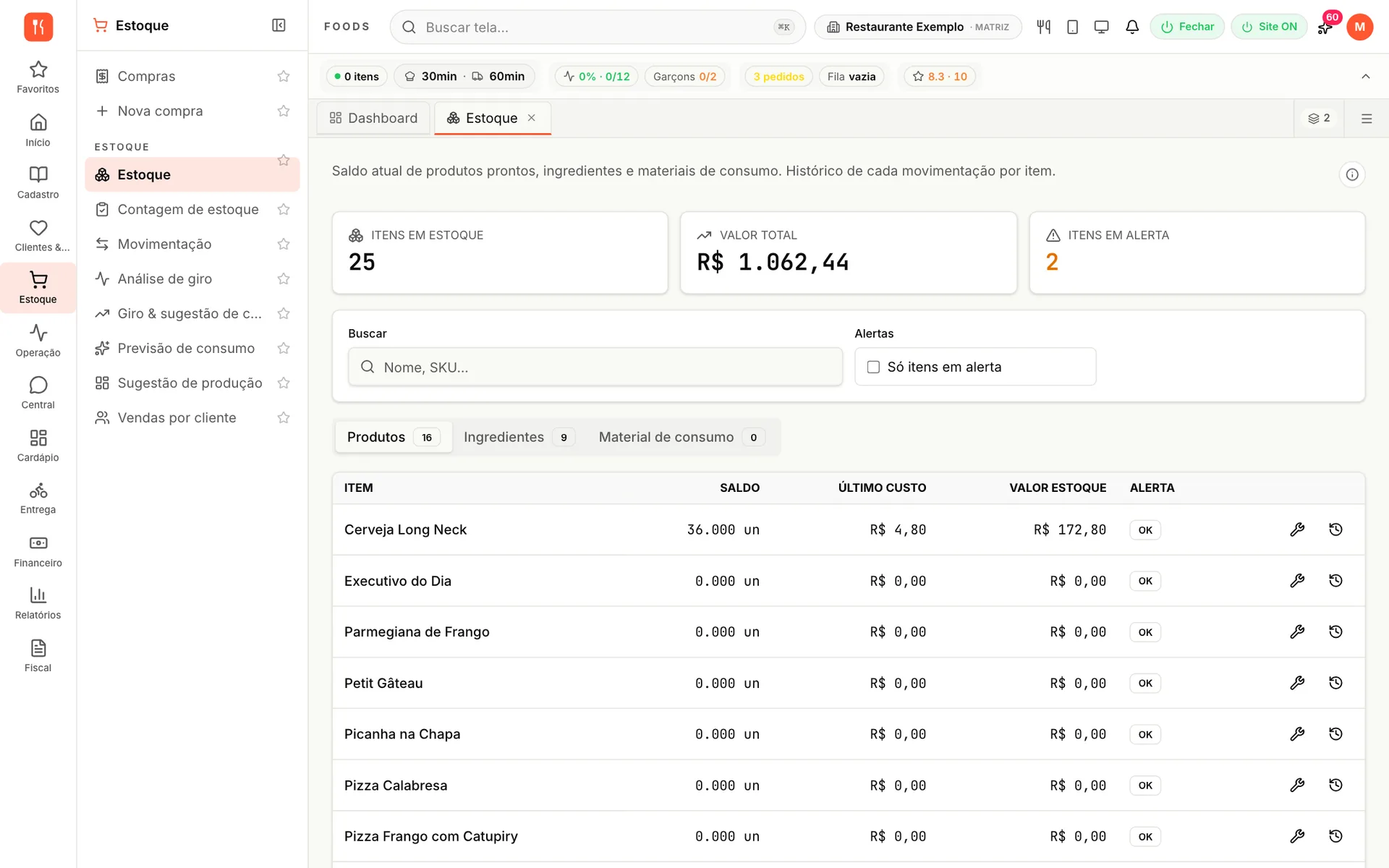 Estoque do udiFoods com 25 itens, valor total em estoque, itens em alerta e o saldo e último custo de cada produto