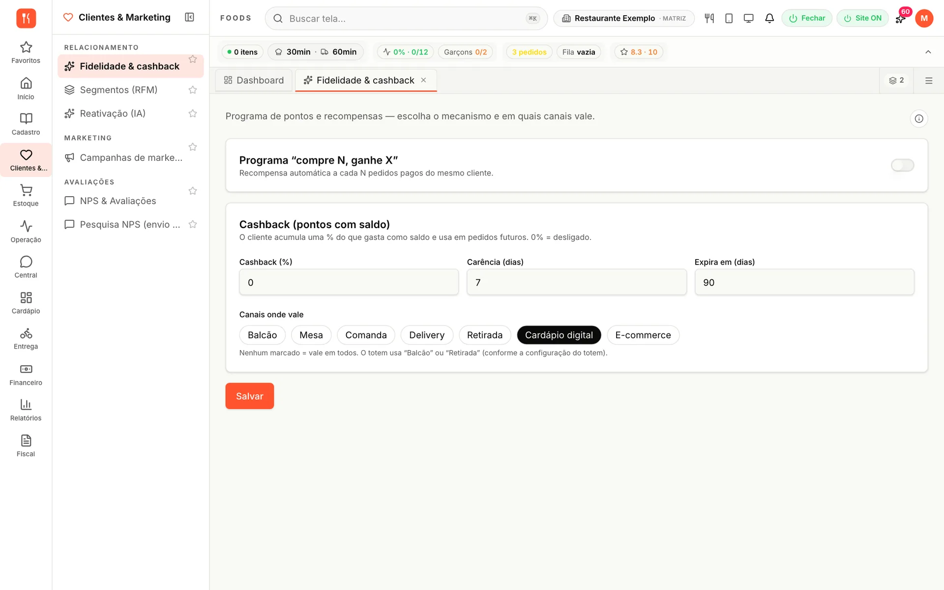Fidelidade e cashback do udiFoods com o programa compre N, ganhe X, percentual de cashback, carência, validade e os canais onde vale
