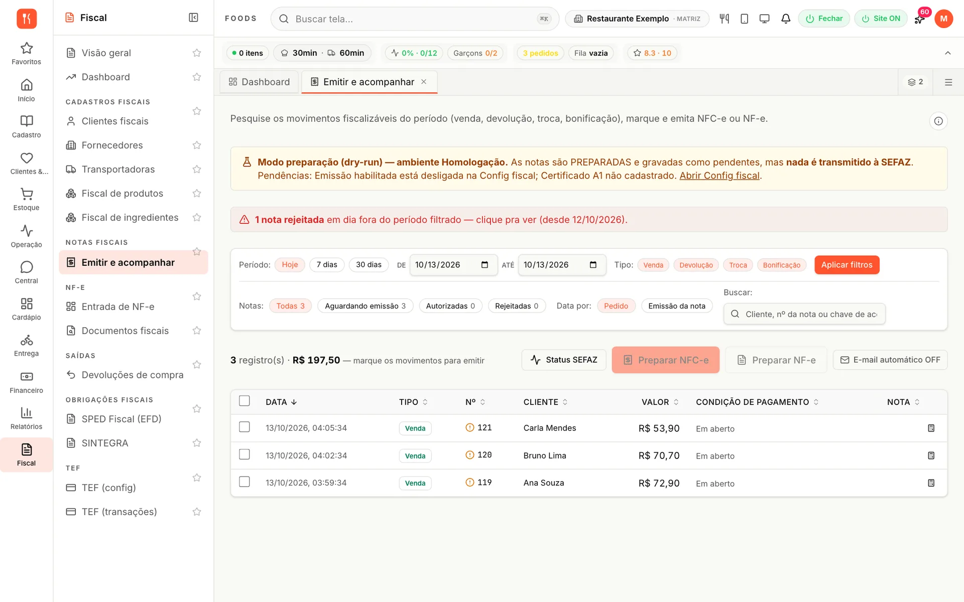 Tela Emitir e acompanhar do udiFoods com as vendas do dia aguardando emissão, filtros por tipo e status da nota e os botões para preparar NFC-e ou NF-e