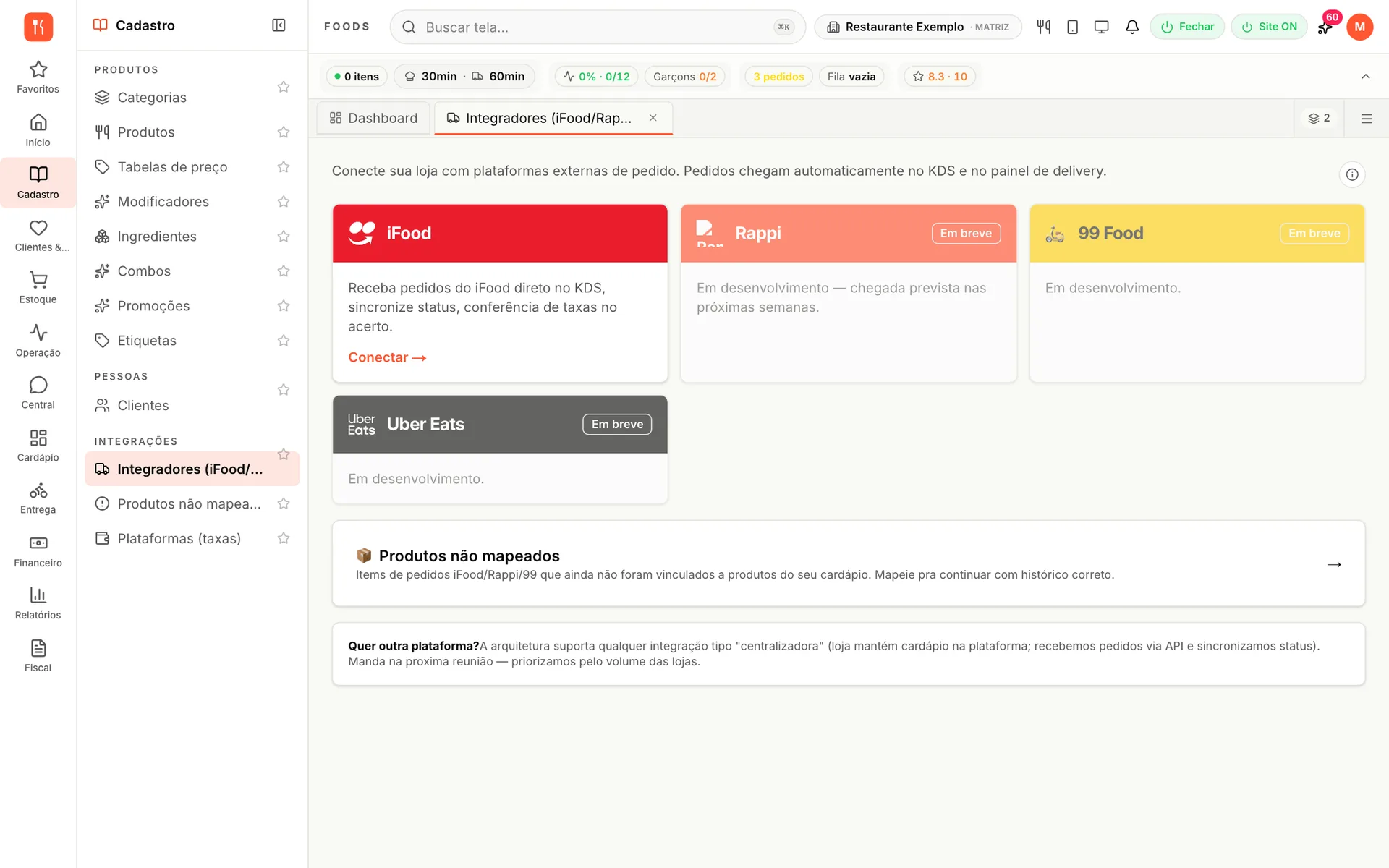 Tela de integradores do udiFoods com o card do iFood para conectar e receber pedidos direto no KDS, e o atalho de produtos não mapeados