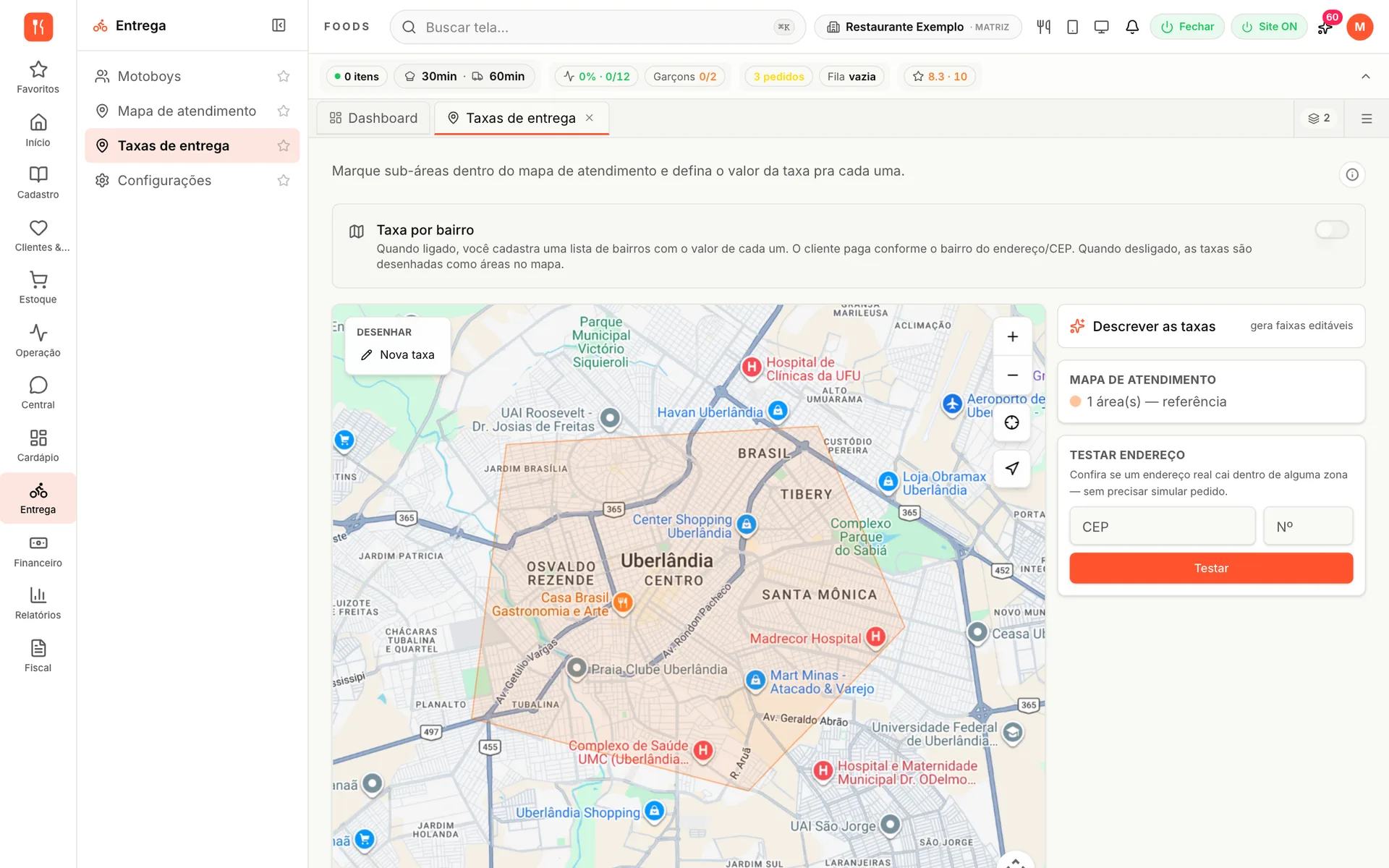 Mapa de taxas de entrega do udiFoods com a área de atendimento desenhada sobre Uberlândia e o teste de endereço por CEP