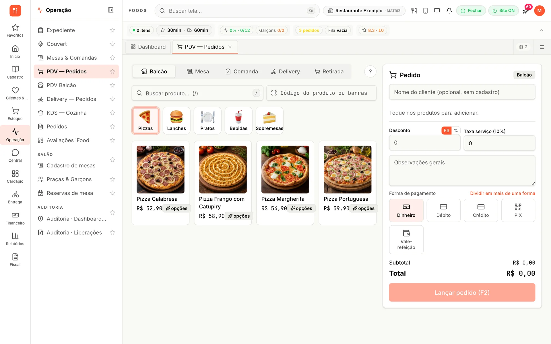 PDV do udiFoods com os modos balcão, mesa, comanda, delivery e retirada, as pizzas com foto e preço e o pedido com desconto, taxa de serviço e as formas de pagamento